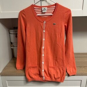 Lacoste Cardigan Sweater Womens 38 Coral Striped Trim Alligator Logo Tennis Prep
